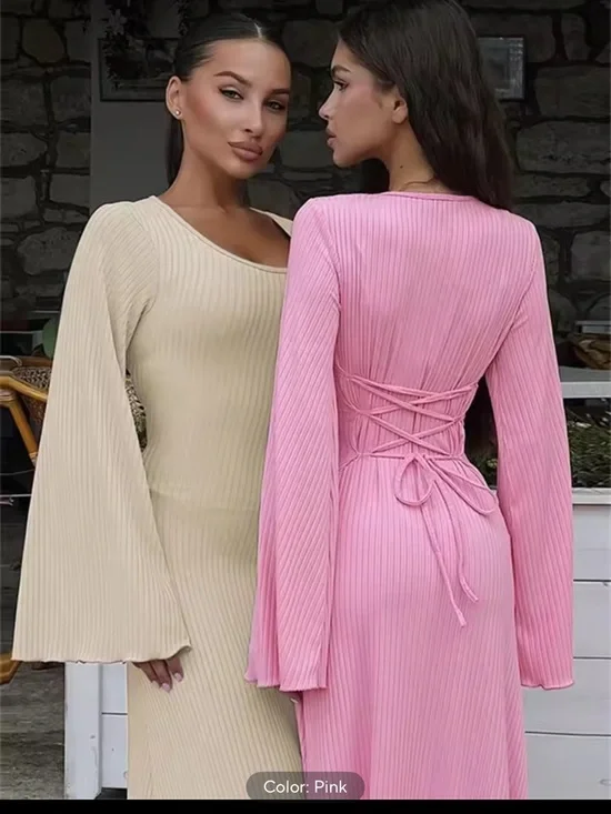 Soft Pink Ribbed Maxi Dress with Flared Bell Sleeves - Picture 2 of 4